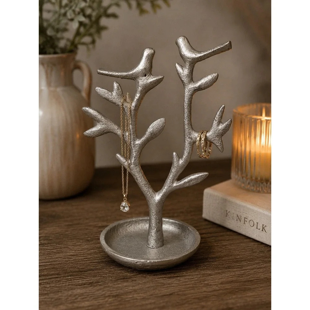 Silver Metal Jewelry Tree Ring Holder | Modern Organic Decor